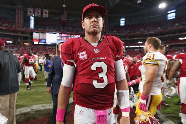 GLENDALE, AZ - OCTOBER 12:  Quarterback Carson Palmer #3 of the Arizona Cardinals following the NFL game against the Washington Redskins at the University of Phoenix Stadium on October 12, 2014 in Glendale, Arizona. The Cardinals defeated the Redskins 30-20.  (Photo by Christian Petersen/Getty Images)