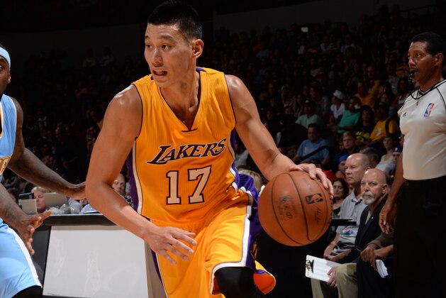 SAN DIEGO, CA- OCTOBER 6: Jeremy Lin #17 of the Los Angeles Lakers drives to the hoop against Ty Lawson #3 of the Denver Nuggets as the Los Angeles Lakers take on the Denver Nuggets at the Valley View Sports Arena in San Diego, California on October 6, 2014 . NOTE TO USER: User expressly acknowledges and agrees that, by downloading and/or using this Photograph, user is consenting to the terms and conditions of the Getty Images License Agreement. Mandatory Copyright Notice: Copyright 2014 NBAE (Photo by Noah Graham /NBAE via Getty Images)