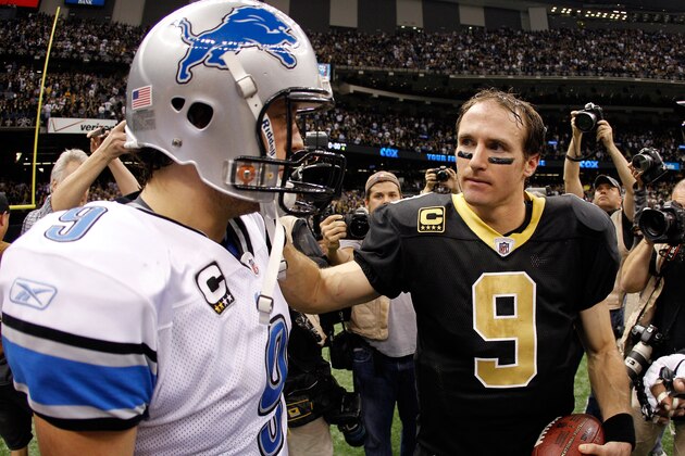NEW ORLEANS, LA - JANUARY 07:  Matthew Stafford #9 of the Detroit Lions shakes hands with  Drew Brees #9 of the New Orleans Saints after their 2012 NFC Wild Card Playoff game at Mercedes-Benz Superdome on January 7, 2012 in New Orleans, Louisiana. The Saints won the game 45-28.  (Photo by Chris Graythen/Getty Images)