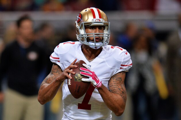 ST LOUIS, MO - OCTOBER 13:  Colin Kaepernick #7 of the San Francisco 49ers warms up prior to their game against the St. Louis Rams at Edward Jones Dome on October 13, 2014 in St Louis, Missouri.  (Photo by Michael Thomas/Getty Images)