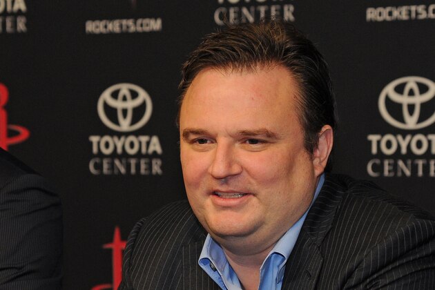 HOUSTON - June 30:  Houston Rockets GM Daryl Morey introduces the Rockets draft picks Clint Capela and Nick Johnson in Houston, Texas. NOTE TO USER: User expressly acknowledges and agrees that, by downloading and or using this photograph, User is consenting to the terms and conditions of the Getty Images License Agreement. Mandatory Copyright Notice: Copyright 2014 NBAE (Photo by Bill Baptist/NBAE via Getty Images)