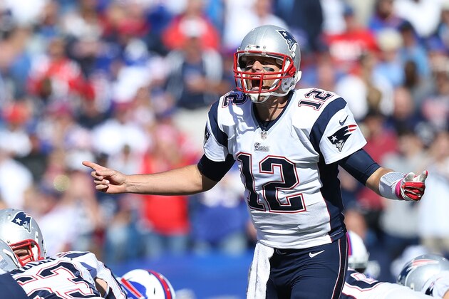 ORCHARD PARK, NY - OCTOBER 12:   Tom Brady #12 of the New England Patriots calls a play against the Buffalo Bills during the first half at Ralph Wilson Stadium on October 12, 2014 in Orchard Park, New York.  (Photo by Brett Carlsen/Getty Images)