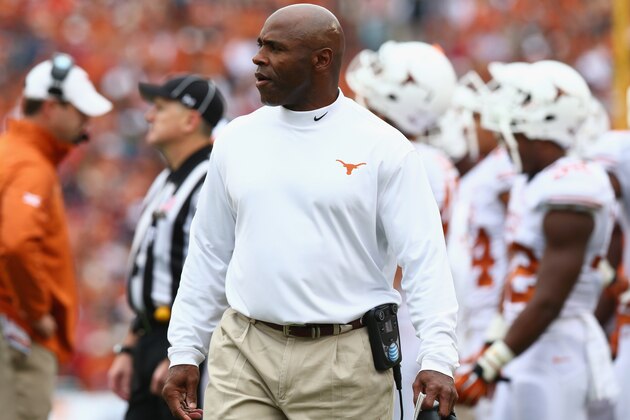 DALLAS, TX - OCTOBER 11:  Head coach Charlie Strong of the Texas Longhorns at Cotton Bowl on October 11, 2014 in Dallas, Texas.  (Photo by Ronald Martinez/Getty Images)
