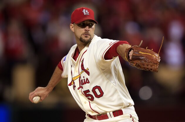 ST LOUIS, MO - OCTOBER 11:  Adam Wainwright #50 of the St. Louis Cardinals pitches against the San Francisco Giants during Game One of the National League Championship Series at Busch Stadium on October 11, 2014 in St Louis, Missouri.  (Photo by Jamie Squire/Getty Images)
