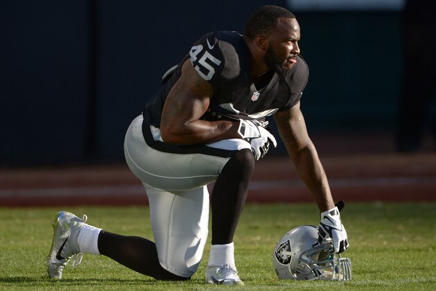 Aug 15, 2014; Oakland, CA, USA; Oakland Raiders fullback Marcel Reece (45) during the game against the Detroit Lions at O.co Coliseum. Mandatory Credit: Kirby Lee-USA TODAY Sports