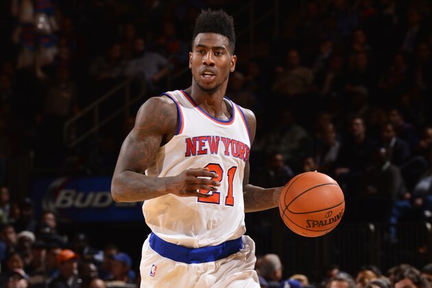 NEW YORK, NY - OCTOBER 13:  Iman Shumpert #21 of the New York Knicks handles the ball against the Toronto Raptors during a game at Madison Square Garden on October 13, 2014 in New York City, New York. NOTE TO USER: User expressly acknowledges and agrees that, by downloading and or using this photograph, User is consenting to the terms and conditions of the Getty Images License Agreement. Mandatory Copyright Notice: Copyright 2014 NBAE  (Photo by David Dow/NBAE via Getty Images)