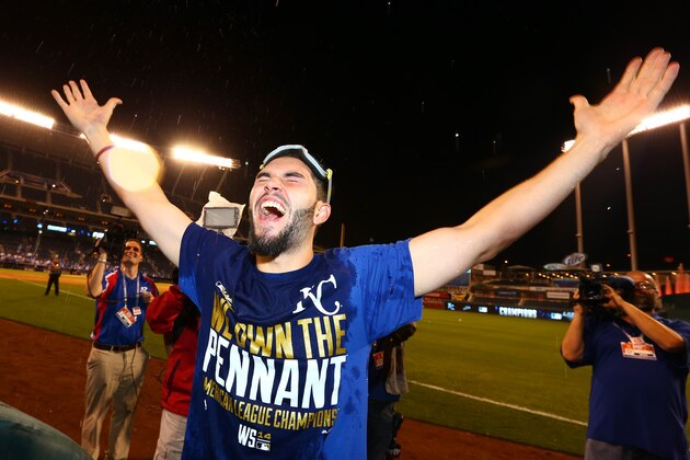 KANSAS CITY, MO - OCTOBER 15:  Eric Hosmer #35 of the Kansas City Royals celebrates in after their 2 to 1 win over the Baltimore Orioles to sweep the series in Game Four of the American League Championship Series at Kauffman Stadium on October 15, 2014 in Kansas City, Missouri.  (Photo by Dilip Vishwanat/Getty Images)