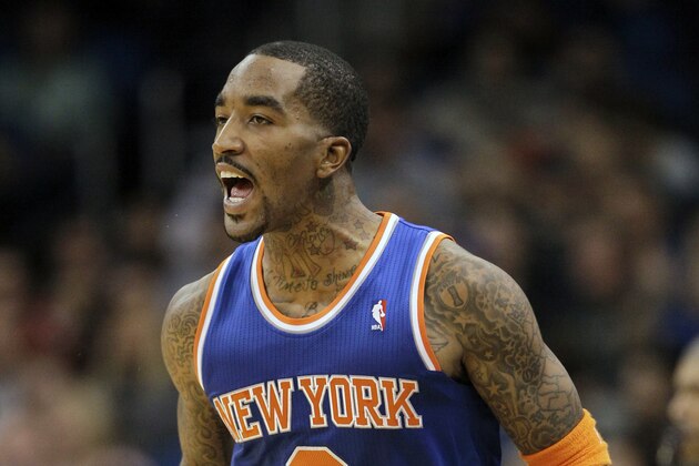 New York Knicks' J.R. Smith shout towards his team bench after making a shot against the Orlando Magic during the second half of an NBA basketball game, Tuesday,Nov. 13, 2012, in Orlando, Fla. The Knicks won 99-89. Smith had 21 points. (AP Photo/John Raoux)