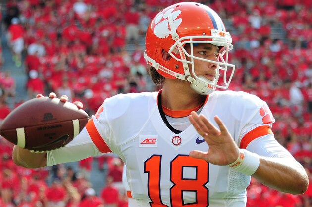 ATHENS, GA - AUGUST 30:  Cole Stoudt #18 of the Clemson Tigers warms up before the game against the Georgia Bulldogs at Sanford Stadium on August 30, 2014 in Athens, Georgia. (Photo by Scott Cunningham/Getty Images)