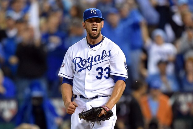Oct 5, 2014; Kansas City, MO, USA; Kansas City Royals starting pitcher James Shields (33) reacts against the Los Angeles Angels after the final out of the top of the sixth inning in game three of the 2014 ALDS baseball playoff game at Kauffman Stadium. Mandatory Credit: Peter G. Aiken-USA TODAY Sports