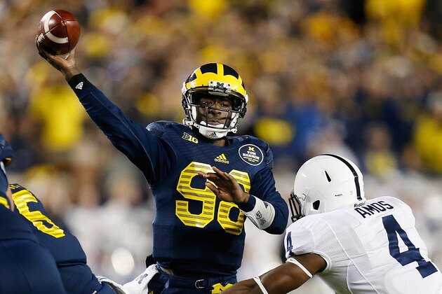 ANN ARBOR, MI - OCTOBER 11:  Devin Gardner #98 of the Michigan Wolverines throws a fourth quarter pass over Adrian Amos #4 of the Penn State Nittany Lions on October 11, 2014 at Michigan Stadium in Ann Arbor, Michigan. Michigan won the game 18-13. (Photo by Gregory Shamus/Getty Images)