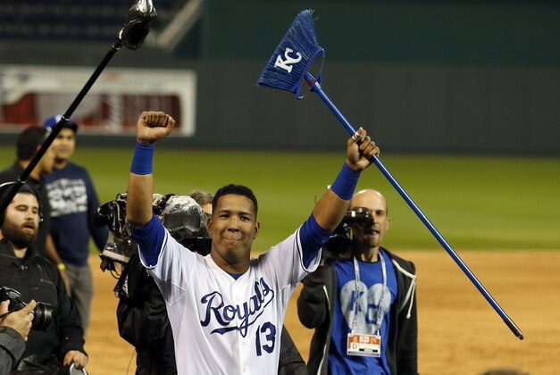 Kansas City Royals' Salvador Perez celebrates after the Royals defeated the Baltimore Orioles to win the American League baseball championship series Wednesday, Oct. 15, 2014, in Kansas City, Mo. The Royals advance to the World Series. (AP Photo/Orlin Wagner)
