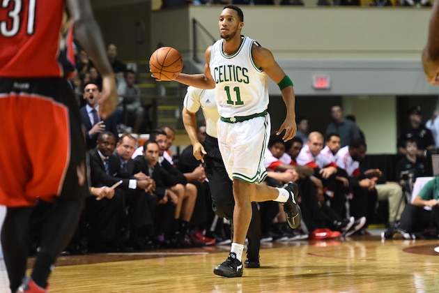 PORTLAND, ME - OCTOBER 15: Evan Turner #11 of the Boston Celtics dribbles down the court against the Toronto Raptors during the preseason game on October 15, 2014 at the Cross Insurance Arena in Portland, Maine. NOTE TO USER: User expressly acknowledges and agrees that, by downloading and or using this photograph, User is consenting to the terms and conditions of the Getty Images License Agreement. Mandatory Copyright Notice: Copyright 2014 NBAE  (Photo by Brian Babineau/NBAE via Getty Images)