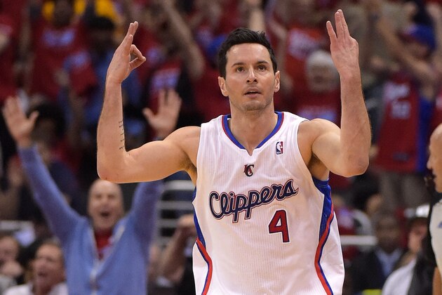 Los Angeles Clippers guard J.J. Redick celebrates after hitting a three point shot during the second half in Game 7 of an opening-round NBA basketball playoff series against the Golden State Warriors, Saturday, May 3, 2014, in Los Angeles. The Clippers won 126-121. (AP Photo/Mark J. Terrill)