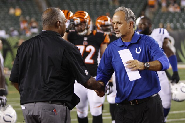 Indianapolis Colts head coach Chuck Pagano, right, meets with Cincinnati Bengals head coach Marvin Lewis after an NFL preseason football game, Thursday, Aug. 28, 2014, in Cincinnati. (AP Photo/Frank Victores)