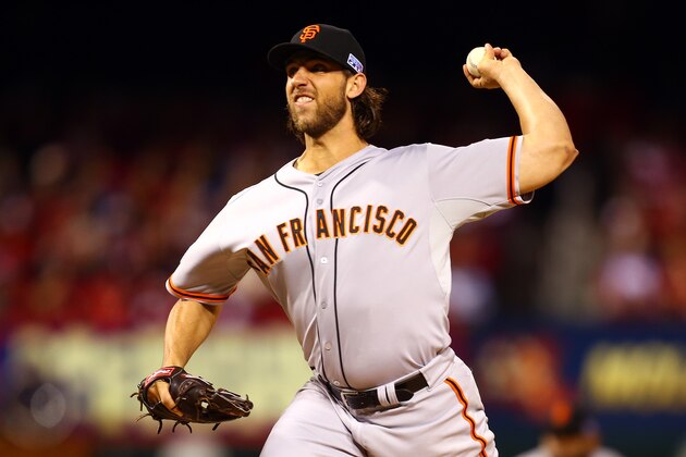 ST LOUIS, MO - OCTOBER 11:  Madison Bumgarner #40 of the San Francisco Giants pitches against the St. Louis Cardinals during Game One of the National League Championship Series at Busch Stadium on October 11, 2014 in St Louis, Missouri.  (Photo by Dilip Vishwanat/Getty Images)