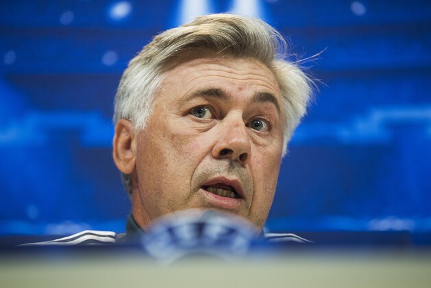 Real's coach Carlo Ancelotti speaks during a press conference ahead of Tuesday's Champions League soccer match between Real Madrid and FC Basel, in Madrid, Spain, Monday, Sept. 15, 2014. (AP Photo/Andres Kudacki)