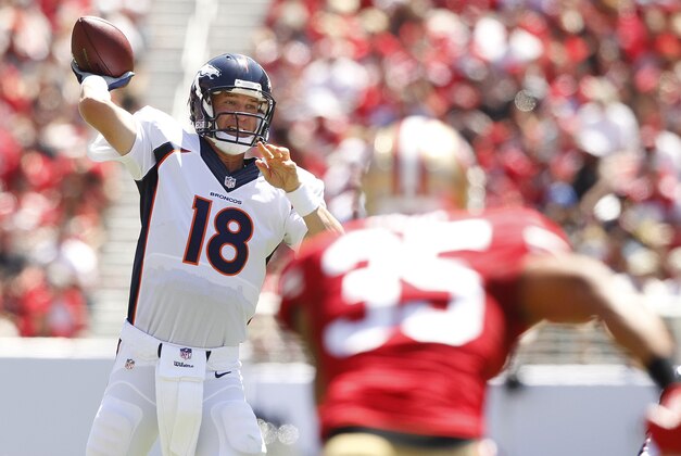 Aug 17, 2014; Santa Clara, CA, USA; Denver Broncos quarterback Peyton Manning (18) throws a pass against the San Francisco 49ers in the second quarter at Levi's Stadium. Mandatory Credit: Cary Edmondson-USA TODAY Sports