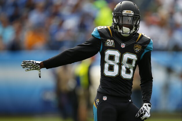 Jacksonville Jaguars wide receiver Allen Hurns (88) lines up against the Tennessee Titans during an NFL football game Sunday, Oct. 12, 2014, in Nashville, Tenn.  (Jeff Haynes/AP Images for Panini)