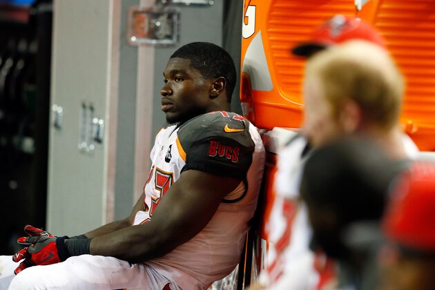 ATLANTA, GA - SEPTEMBER 18: Running back Bobby Rainey #43 of the Tampa Bay Buccaneers looks on from the bench against the Atlanta Falcons during a game at the Georgia Dome on September 18, 2014 in Atlanta, Georgia.  (Photo by Kevin C. Cox/Getty Images)