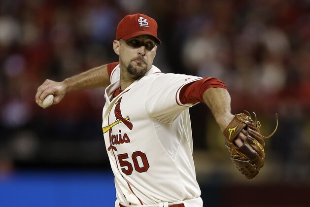 St. Louis Cardinals starting pitcher Adam Wainwright throws during the first Game 1 of the National League baseball championship series against the San Francisco Giants Saturday, Oct. 11, 2014, in St. Louis. (AP Photo/Jeff Roberson)