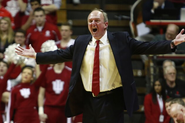 Ohio State head coach Thad Matta complains about an official's call in the second half of an NCAA basketball game against Indiana in Bloomington, Ind., Sunday, March 2, 2014. Indiana won 72-64.  (AP Photo/R Brent Smith)