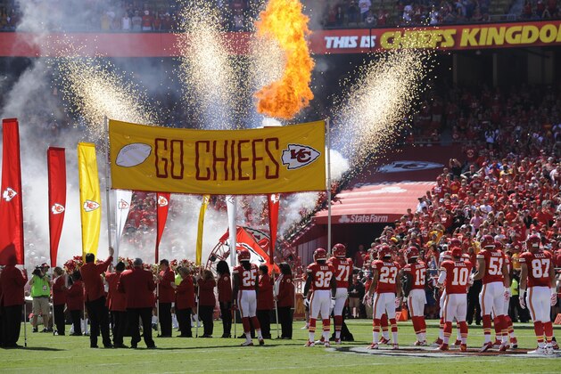 Kansas City Chiefs running back Jamaal Charles (25) and teammates during introductions to their NFL football game against the Tennessee Titans in Kansas City, Mo., Sunday, Sept. 7, 2014. (AP Photo/Reed Hoffmann)