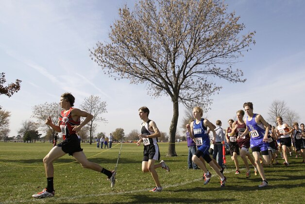 Runners make the first turn during the boys class 2A race at the state cross country meet, Saturday, Nov. 1, 2008, in Fort Dodge, Iowa. (AP Photo/Charlie Neibergall)