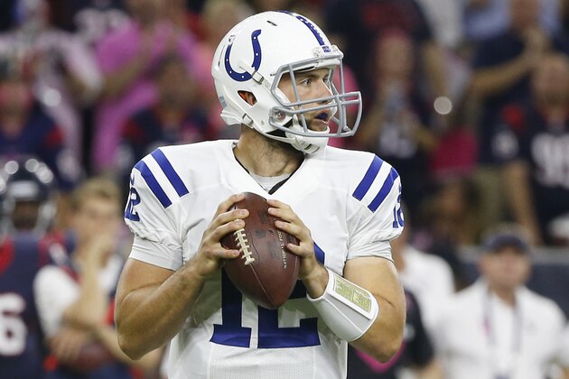 HOUSTON, TX- OCTOBER 09: Andrew Luck #12 of the Indianapolis Colts in the pocket against the  Houston Texans in a NFL game on October 9, 2014 at NRG Stadium in Houston, Texas. (Photo by Scott Halleran/Getty Images)