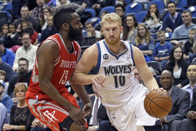 Minnesota Timberwolves' Chase Budinger, right, drives around Houston Rockets' James Harden in the first quarter of an NBA basketball game Monday, Feb. 10, 2014, in Minneapolis. (AP Photo/Jim Mone)