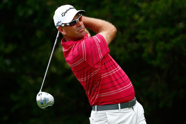 LOUISVILLE, KY - AUGUST 05:  Stewart Cink of the United States hits a tee shot during a practice round prior to the start of the 96th PGA Championship at Valhalla Golf Club on August 5, 2014 in Louisville, Kentucky.  (Photo by Sam Greenwood/Getty Images)