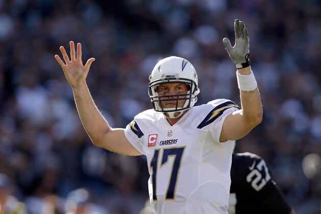OAKLAND, CA - OCTOBER 12:  Philip Rivers #17 of the San Diego Chargers reacts after the Chargers scored a touchdown to take the lead over the Oakland Raiders in the fourth quarter at O.co Coliseum on October 12, 2014 in Oakland, California.  (Photo by Ezra Shaw/Getty Images)