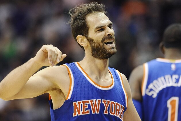New York Knicks guard Jose Calderon (3) reacts during the first during the first quarter of a preseason NBA basketball game, Saturday, Oct. 11, 2014, in Uncasville, Conn. (AP Photo/Jessica Hill)