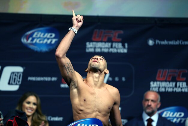 Jan 31, 2014; Newark, NJ, USA; Urijah Faber (not pictured) and Renan Barao weigh in for their Bantamweight Championship bout at Prudential Center. Mandatory Credit: Joe Camporeale-USA TODAY Sports