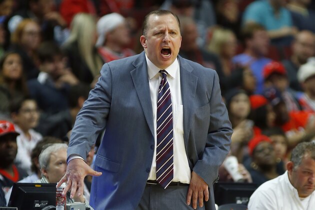 Chicago Bulls head coach Tom Thibodeau yells at his team during the second half of a pre-season NBA basketball game in Chicago, on Monday Oct. 13, 2014. The Bulls won the game 110-90. (AP Photo/Jeff Haynes)