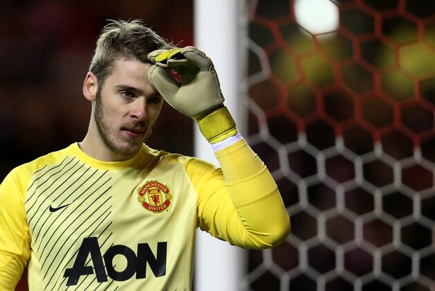 Manchester United's goalkeeper David de Gea during their English League Cup semifinal first leg soccer match against Sunderland at the Stadium of Light, Sunderland, England, Tuesday, Jan. 7, 2014. (AP Photo/Scott Heppell)