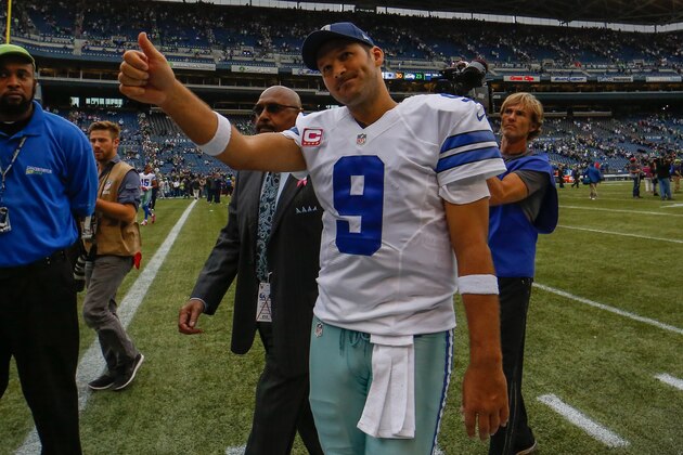 SEATTLE, WA - OCTOBER 12:  Quarterback Tony Romo #9 of the Dallas Cowboys leaves the field after a win over the Seattle Seahawks 30-23 at CenturyLink Field on October 12, 2014 in Seattle, Washington.  (Photo by Otto Greule Jr/Getty Images)