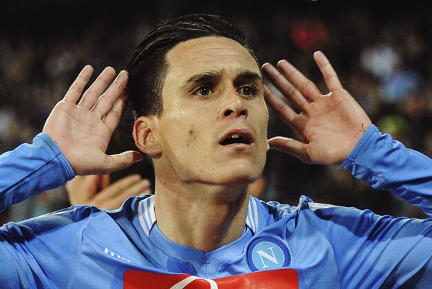 Napoli's Callejon celebrates after scoring during a Serie A soccer match between Napoli and Juventus, at the San Paolo stadium in Naples, Italy, Sunday, March, 30, 2014. (AP Photo/Salvatore Laporta)