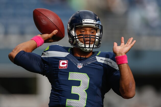 SEATTLE, WA - OCTOBER 12:  Quarterback Russell Wilson #3 of the Seattle Seahawks warms up prior to the game against the Dallas Cowboys at CenturyLink Field on October 12, 2014 in Seattle, Washington.  (Photo by Otto Greule Jr/Getty Images)