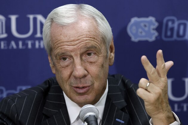 North Carolina coach Roy Williams makes comments during the team's NCAA college basketball media day in Chapel Hill, N.C., Wednesday, Oct. 8, 2014. (AP Photo/Gerry Broome)
