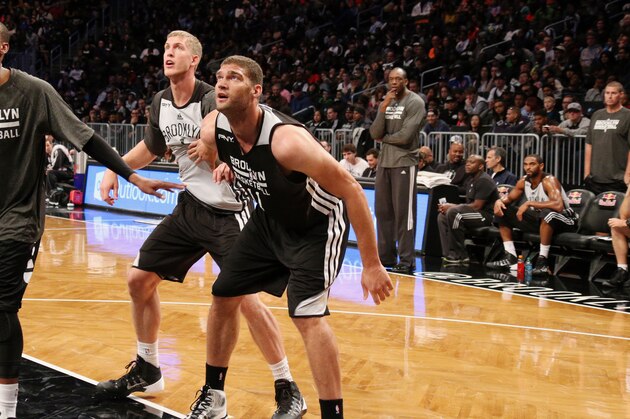 NEW YORK, NY - OCTOBER 20: Paul Pierce #34 Mason Plumlee #1 and Brook Lopez #11 of the Brooklyn Nets during an Open Practice at the Barclays Center on October 20, 2013 in the Brooklyn borough of New York City.  NOTE TO USER: User expressly acknowledges and agrees that, by downloading and/or using this Photograph, user is consenting to the terms and conditions of the Getty Images License Agreement. Mandatory Copyright Notice: Copyright 2013 NBAE (Photo by Nathaniel S. Butler/NBAE via Getty Images)