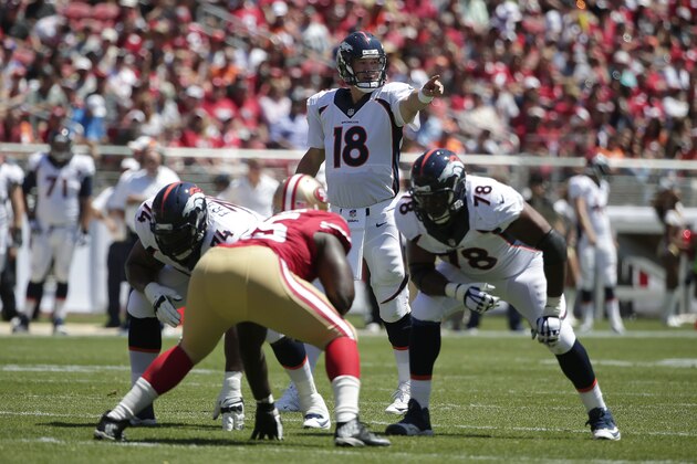 Denver Broncos quarterback Peyton Manning (18) signals at the line of scrimmage during an NFL preseason football game against the San Francisco 49ers in Santa Clara, Calif., Sunday, Aug. 17, 2014. (AP Photo/Marcio Jose Sanchez)
