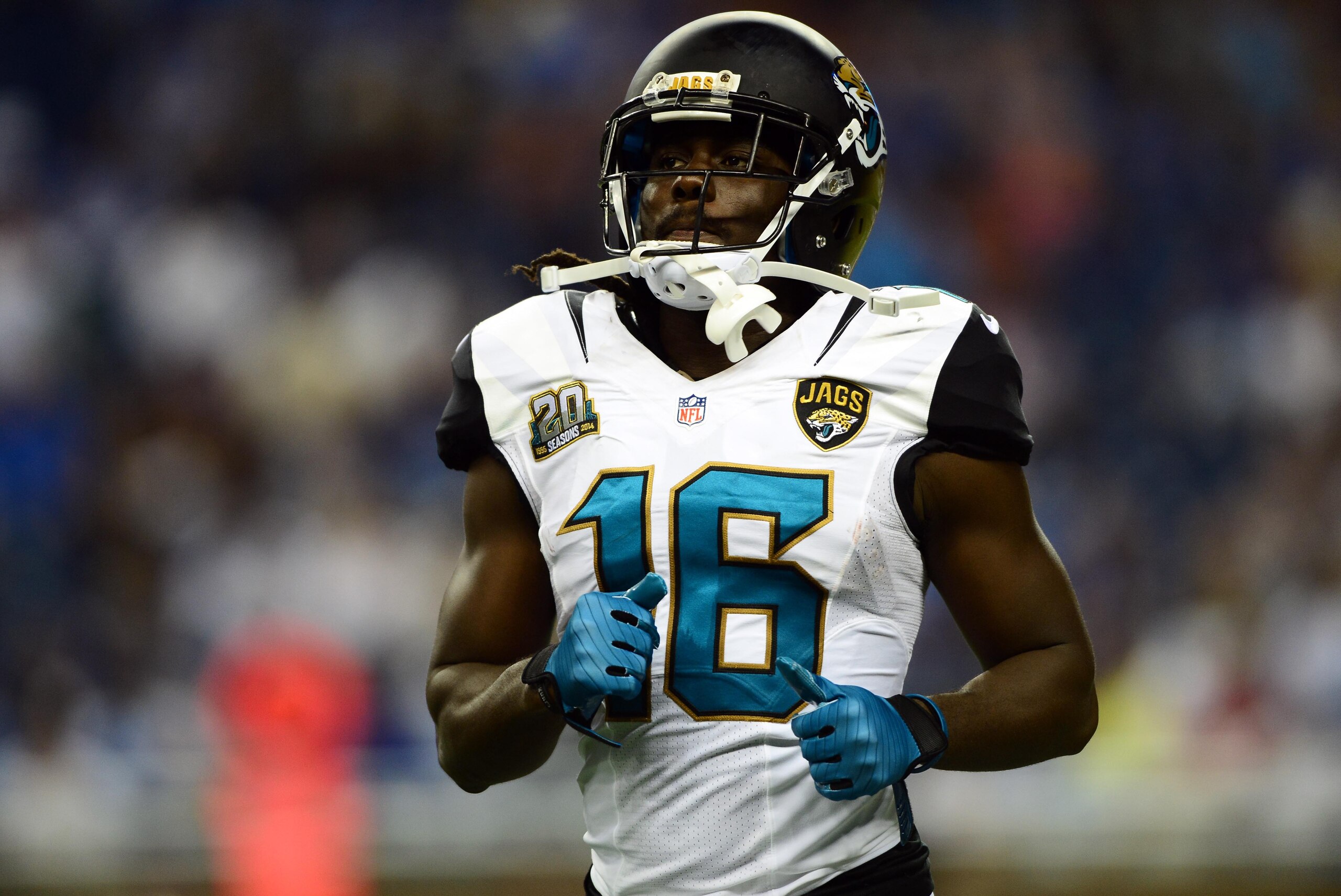 Aug 22, 2014; Detroit, MI, USA; Jacksonville Jaguars wide receiver Denard Robinson (16) against the Detroit Lions at Ford Field. Mandatory Credit: Andrew Weber-USA TODAY Sports