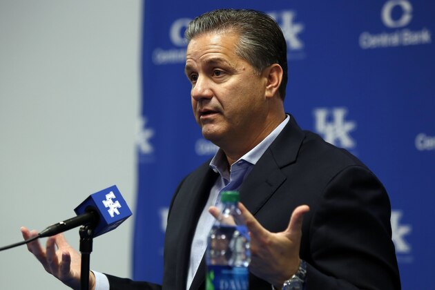 Kentucky head coach John Calipari speaks to reporters during the team's NCAA college basketball media day, Thursday, Oct. 16, 2014, in Lexington, Ky. (AP Photo/James Crisp)