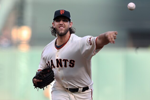 San Francisco Giants starting pitcher Madison Bumgarner throws during the first inning of Game 5 of the National League baseball championship series against the St. Louis Cardinals Thursday, Oct. 16, 2014, in San Francisco. (AP Photo/Christian Petersen, Pool)