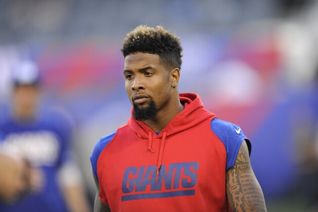 New York Giants' Odell Beckham before an NFL football game between the New England Patriots and the New York Giants, Thursday, Aug. 28, 2014, in East Rutherford, N.J. (AP Photo/Bill Kostroun)