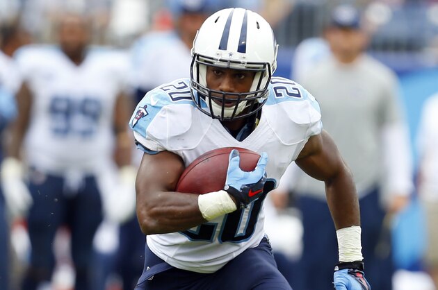 Tennessee Titans running back Bishop Sankey (20) runs the ball against the Jacksonville Jaguars during an NFL football game Sunday, Oct. 12, 2014, in Nashville, Tenn.  (Jeff Haynes/AP Images for Panini)