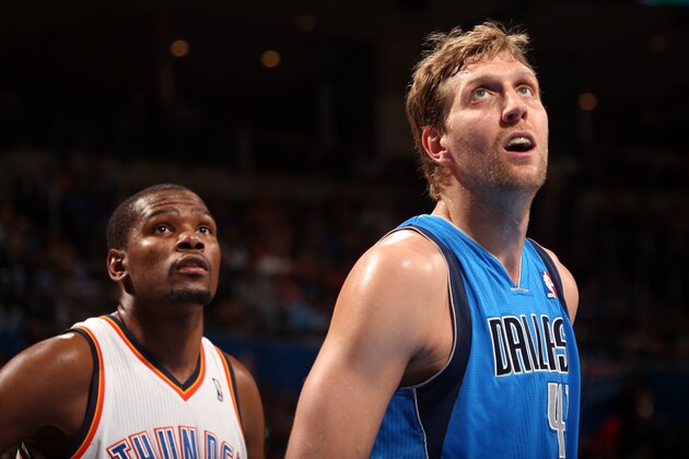 OKLAHOMA CITY, OK - MARCH 16: Kevin Durant #35 of the Oklahoma City Thunder stands on the court during a game against Dirk Nowitzki #41 of the Dallas Mavericks on March 16, 2014 at the Chesapeake Energy Arena in Oklahoma City, Oklahoma. NOTE TO USER: User expressly acknowledges and agrees that, by downloading and or using this Photograph, user is consenting to the terms and conditions of the Getty Images License Agreement. Mandatory Copyright Notice: Copyright 2014 NBAE (Photo by Layne Murdoch/NBAE via Getty Images)