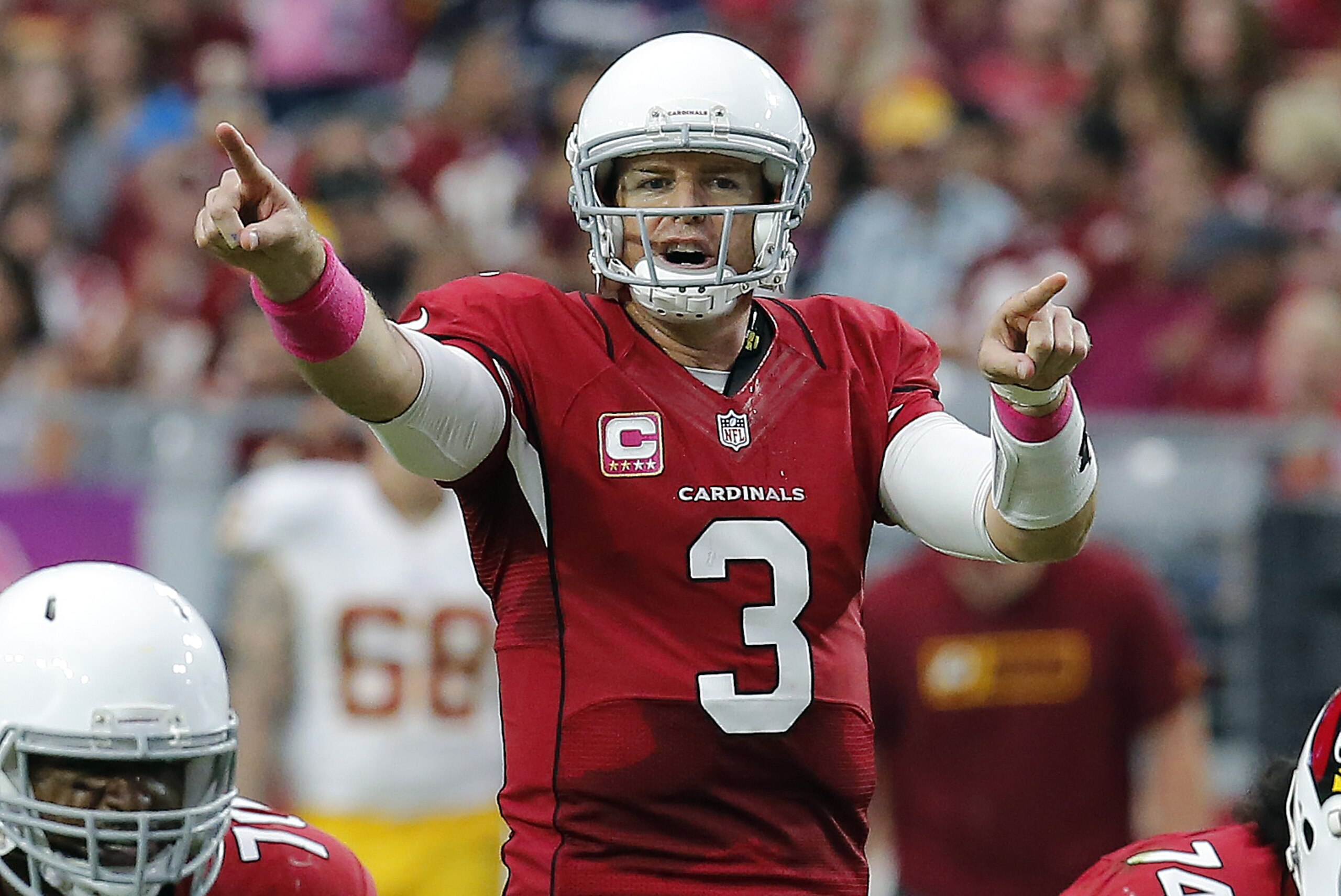 Arizona Cardinals quarterback Carson Palmer (3) during the first quarter of an NFL football game against the Washington Redskins, Sunday, Oct. 12, 2014 in Glendale, Ariz. (AP Photo/Rick Scuteri)