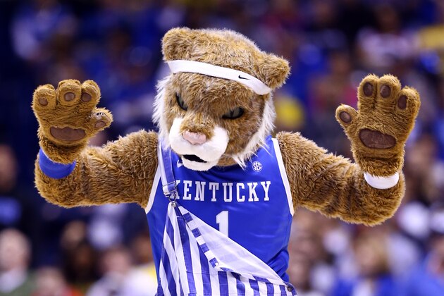 INDIANAPOLIS, IN - MARCH 30:  The Kentucky Wildcats mascot performs against the Michigan Wolverines during the midwest regional final of the 2014 NCAA Men's Basketball Tournament at Lucas Oil Stadium on March 30, 2014 in Indianapolis, Indiana.  (Photo by Andy Lyons/Getty Images)